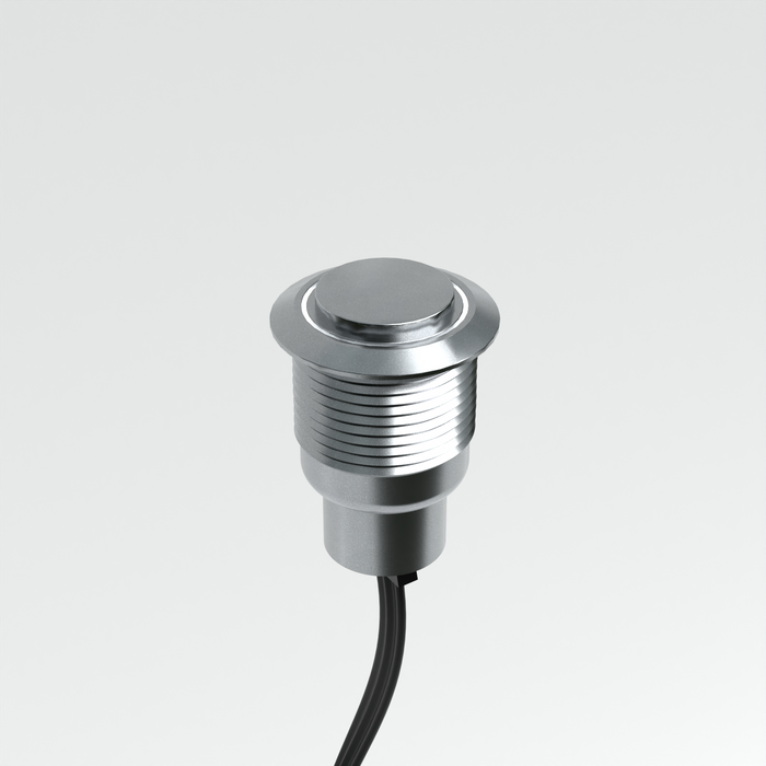 Chrome illuminated push button for retail demo displays with white LED lighting