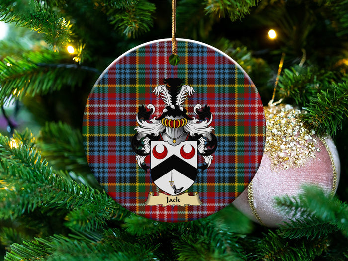 Jack Scottish clan ceramic ornament with family crest on a Caledonia tartan background, hanging on a Christmas tree