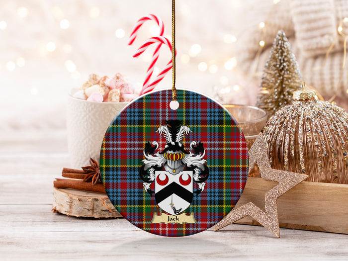 Double-sided Jack ceramic ornament with family shield and Caledonia tartan background