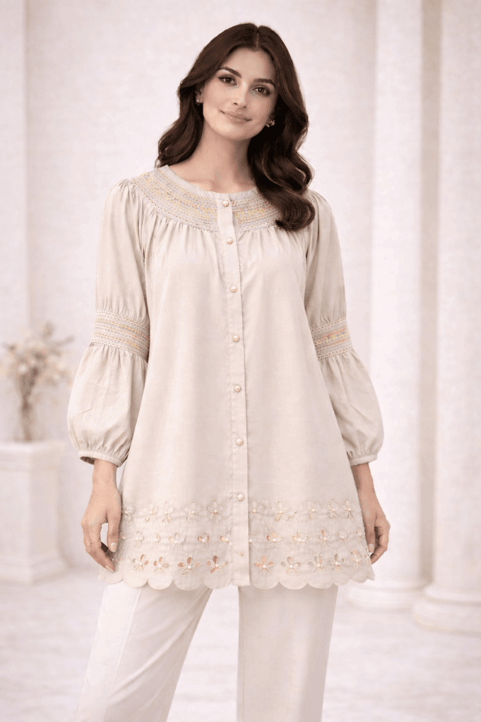 Light Beige Laser-Cut Embroidered Button-Down Tunic - Nishat Creative Store