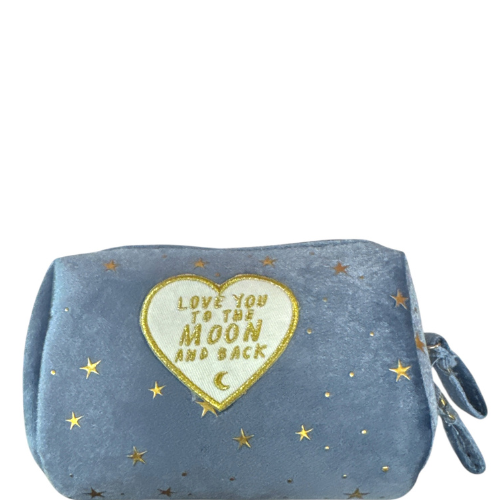 Pink and white "Love You to the Moon and Back" pouch featuring a cute illustrative design for beauty and fashion.