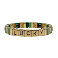 Lucky St. Patty’s bracelet by la lumiere ny featuring green beads and gold accents, perfect for celebrating St. Patrick's Day.