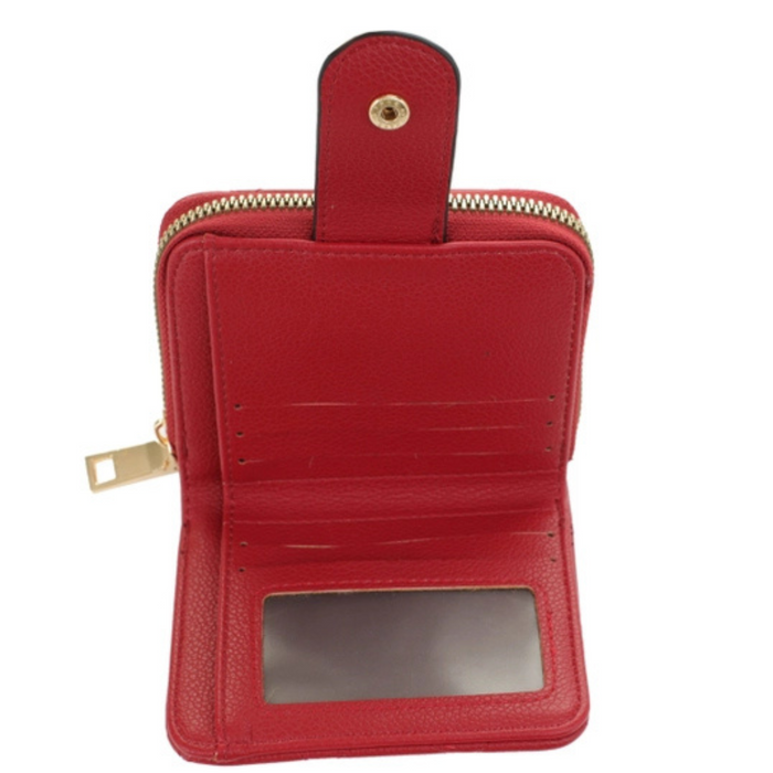 Lucy Quilted Wallet in textured fabric with a zip closure, showcasing a stylish design and multiple card slots.