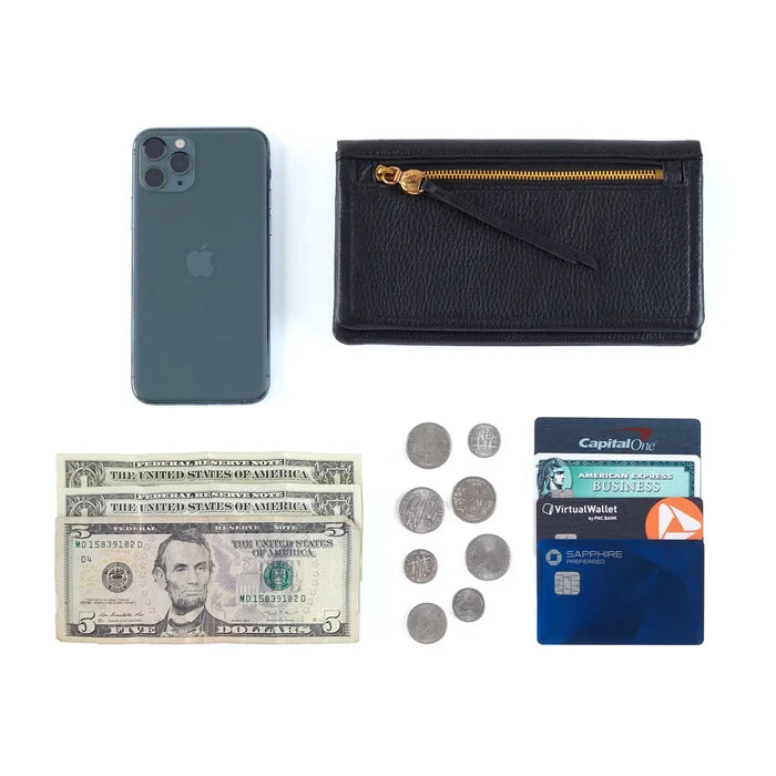 Black HOBO Lumen Continental Wallet with multiple card slots and a zippered compartment displayed on a neutral background.