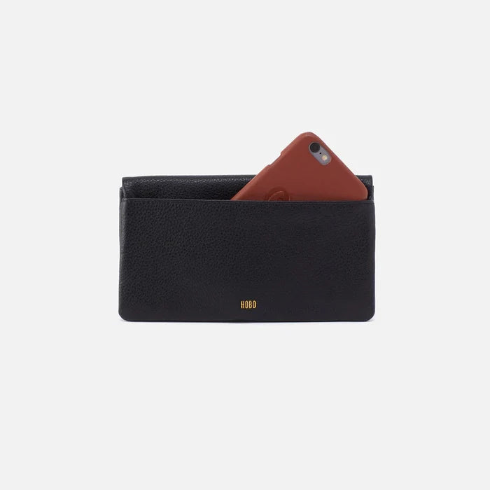 HOBO Lumen Continental Wallet in black, featuring a sleek design with multiple card slots and a zip closure.