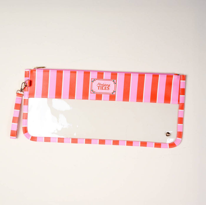 Pink Sicily Stripe Mahjong Tile Keeper pouch by The Darling Effect featuring a vibrant striped fabric design and secure closure.