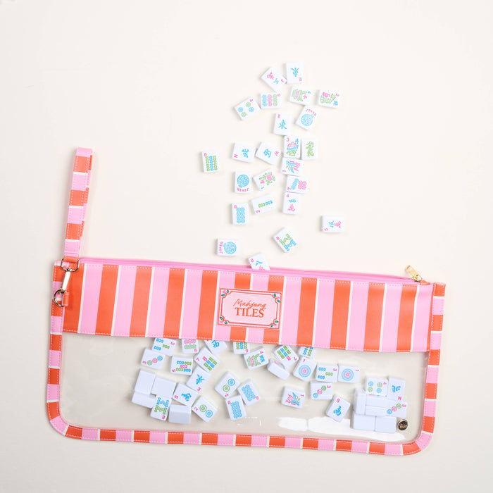 Pink Sicily stripes Mahjong tile keeper pouch by The Darling Effect, featuring a compact, stylish storage bag for game tiles.