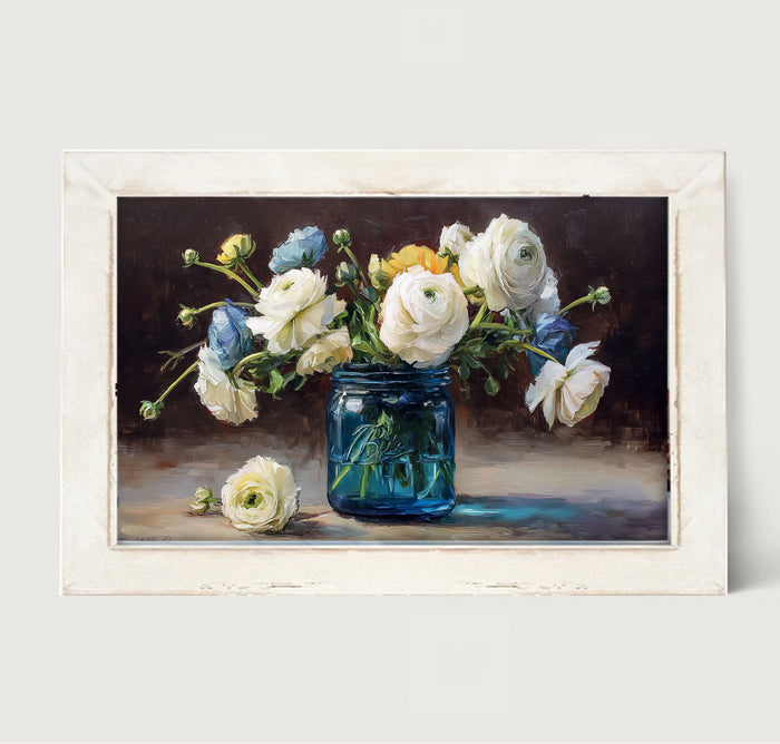 Mason Jar with Blue and White Flowers