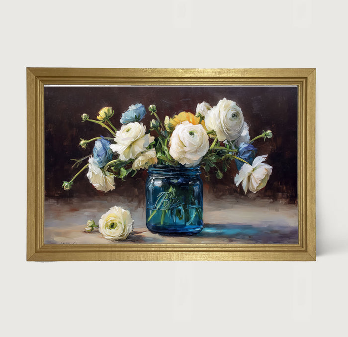 Mason Jar with Blue and White Flowers