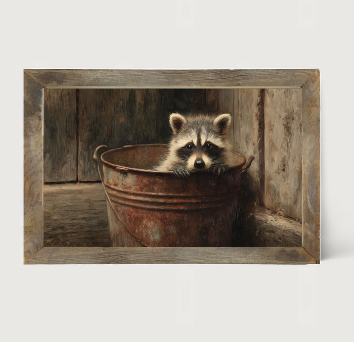 Metal Bucket with Baby Raccoon - Framed Art