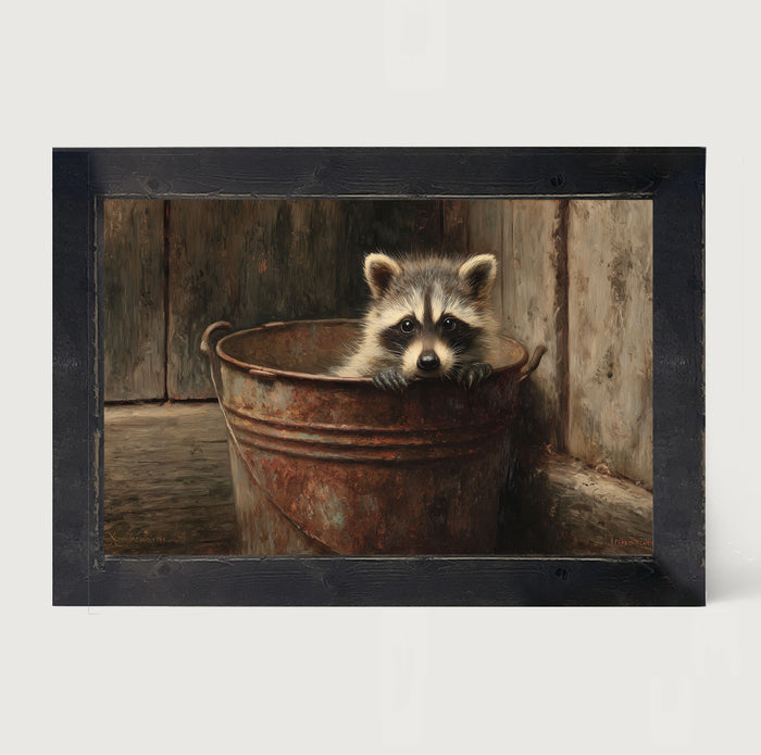 Metal Bucket with Baby Raccoon - Framed Art