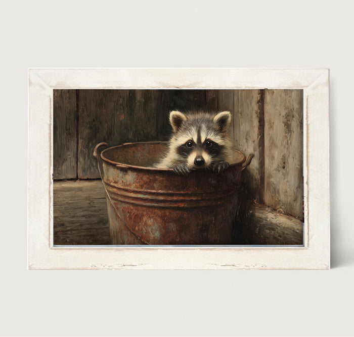 Metal Bucket with Baby Raccoon
