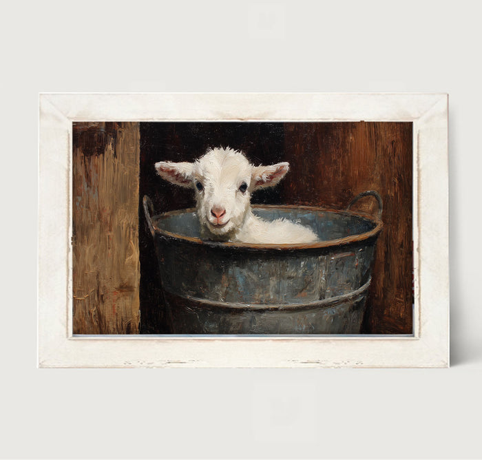 Metal Bucket with Resting Lamb