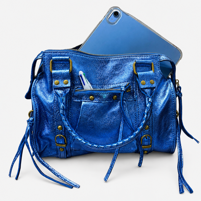 Metallic Moto Fringe Satchel Handbag