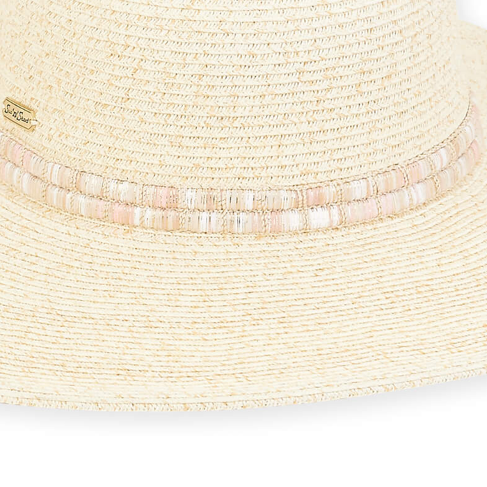 Sun n Sand metallic trim paper braid floppy hat with a 5-inch brim, featuring a stylish woven design and metallic accents.