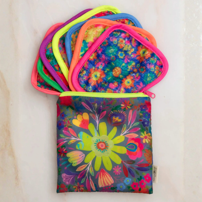 Natural Life mini makeup removing cloths set with floral patterns inside a small makeup bag, perfect for skincare and travel.