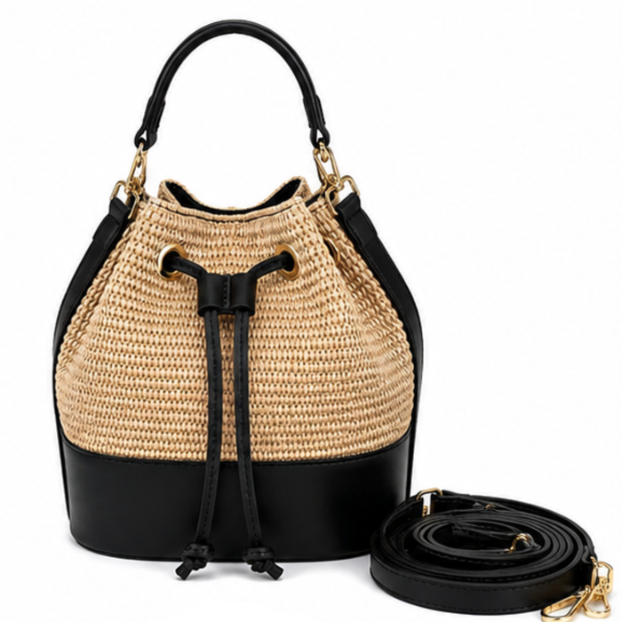 Private label MISS Bucket Classic raffia crossbody bag featuring woven raffia material and adjustable strap.