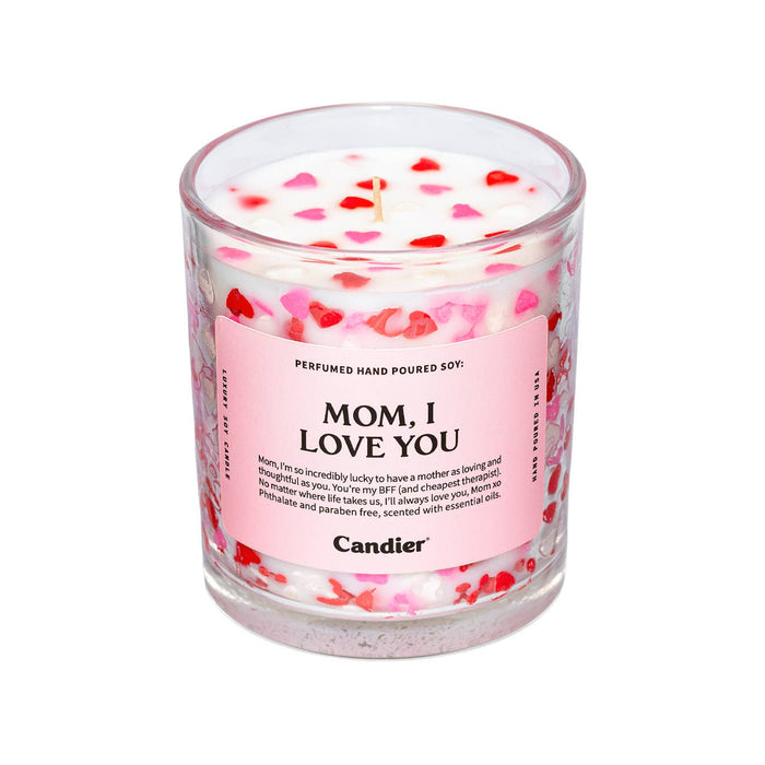 Candier Mom Love You candle with a decorative label, designed for gifting or home decor.