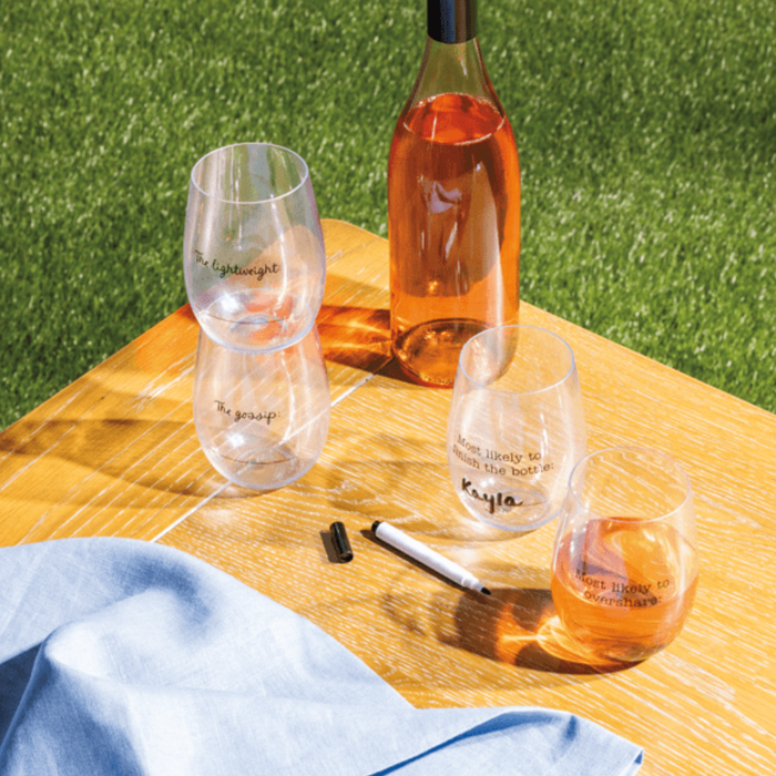 Mudpie Most Likely Wine Cups and Marker Set, clear drink glasses with black markers for personalized wine tasting.
