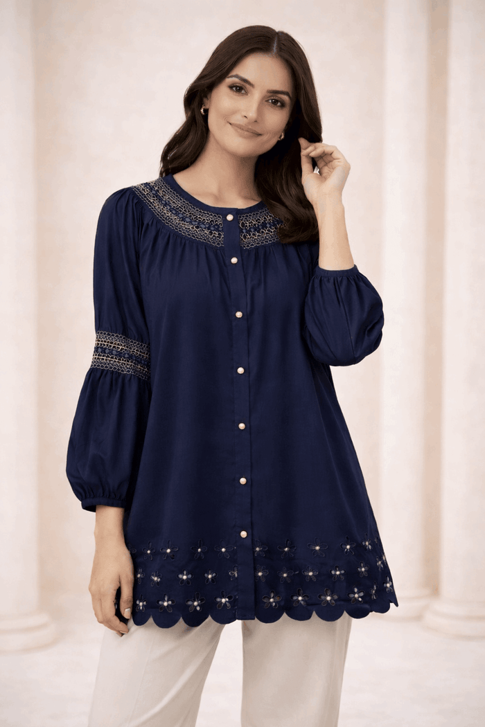 Navy Laser-Cut Embroidered Button-Down Tunic - Nishat Creative Store