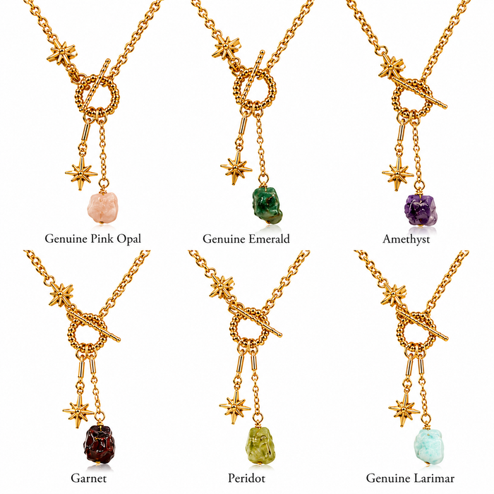 Luna Norte Not So Basic gemstone toggle front necklace with colorful gemstones and silver clasp, showcasing elegant jewelry design.