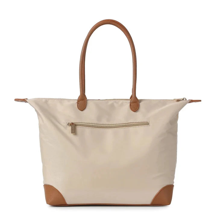 Beige tote bag with brown handles and accents on a white background