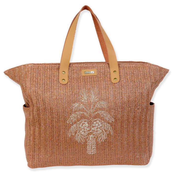 Sun N Sand palm tree straw beach tote bag with woven straw design and sturdy handles for seaside outings