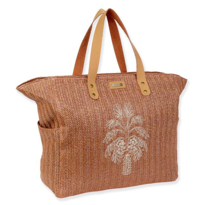 Sun N Sand palm tree straw beach tote bag with woven design and sturdy handles, perfect for carrying beach essentials.