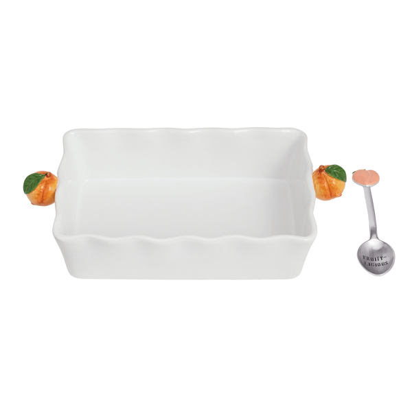 Mud Pie Peach Cobbler Baker for home use, featuring a ceramic baking dish with a peach cobbler dessert inside.