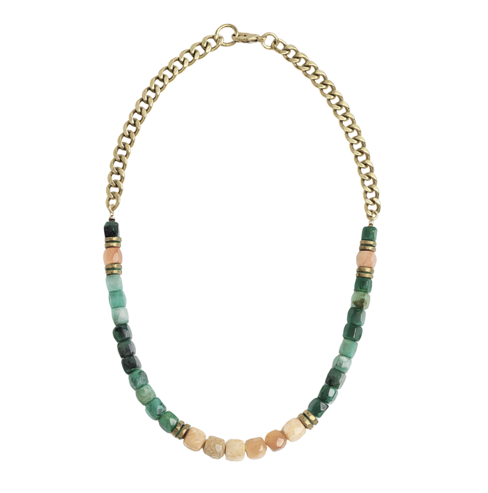 Peach moonstone and emerald curb necklace, 20 inches long, by Rachel Nathan, showcasing a unique gemstone design.