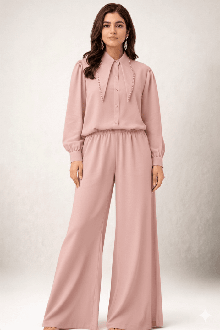 Pearl-Embellished Collared Co-ord Set Pink - Nishat Creative Store