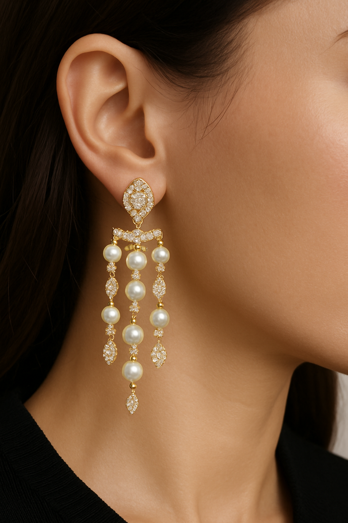 Elegant pearl tassel earrings with delicate strands, showcasing a luxurious design by a private label brand.