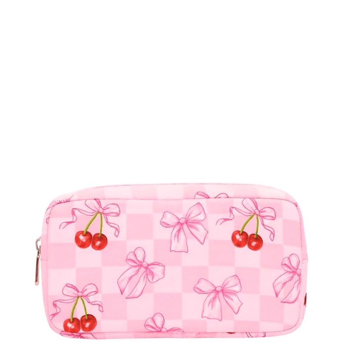 Pink Cherry Bow Nylon Makeup Bags by Lil Darlings featuring a cute cherry bow design and spacious compartments.