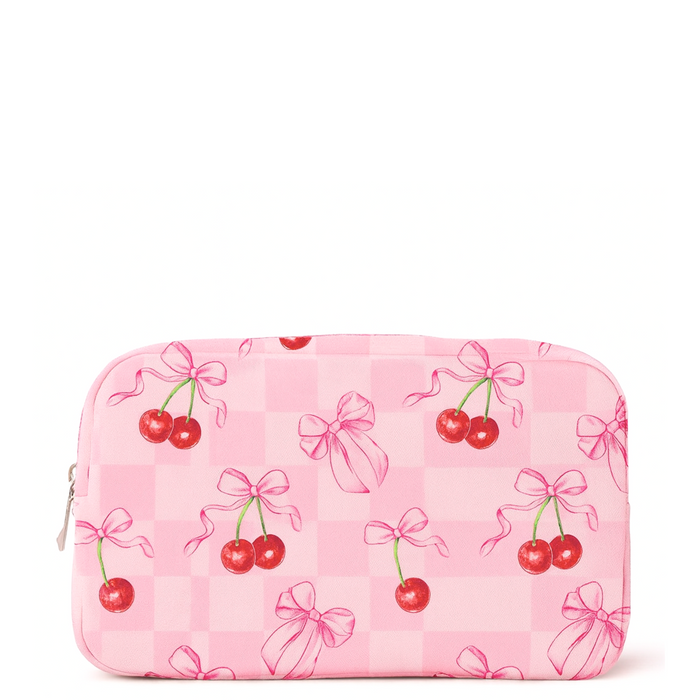Pink Cherry Bow Nylon Makeup Bags by Lil Darlings, featuring a cute cherry bow design on a durable nylon material.