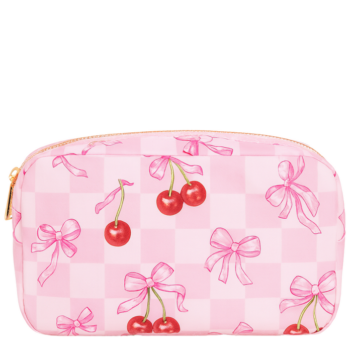 Pink Cherry Bow Nylon Makeup Bag by Lil Darlings, featuring a cute cherry design and a stylish bow accent.
