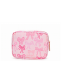 Pink nylon bow makeup bag by Lil Darlings, stylish storage for cosmetics with a cute bow detail and spacious interior.