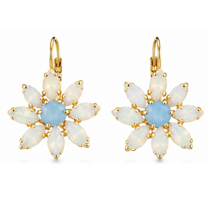 Cathie Nilson pointy daisy earring with gold-toned metal and floral design, shown close-up on a white background.