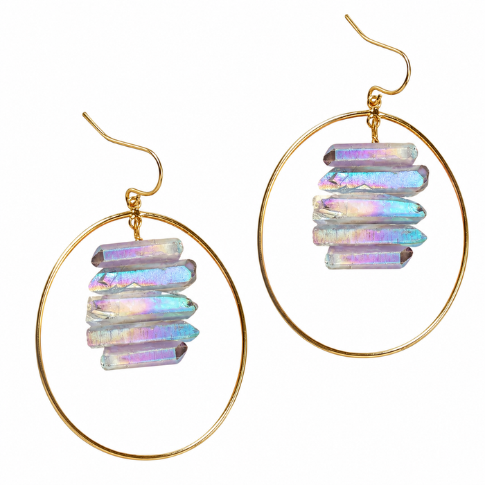 Luna Norte quartz on quartz hoop earrings featuring rainbow amethyst stones and delicate metal hoops.