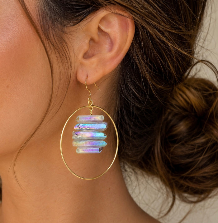 Rainbow Ab Quartz hoop earrings by Luna Norte, featuring vibrant rainbow quartz stones on silver hoops.