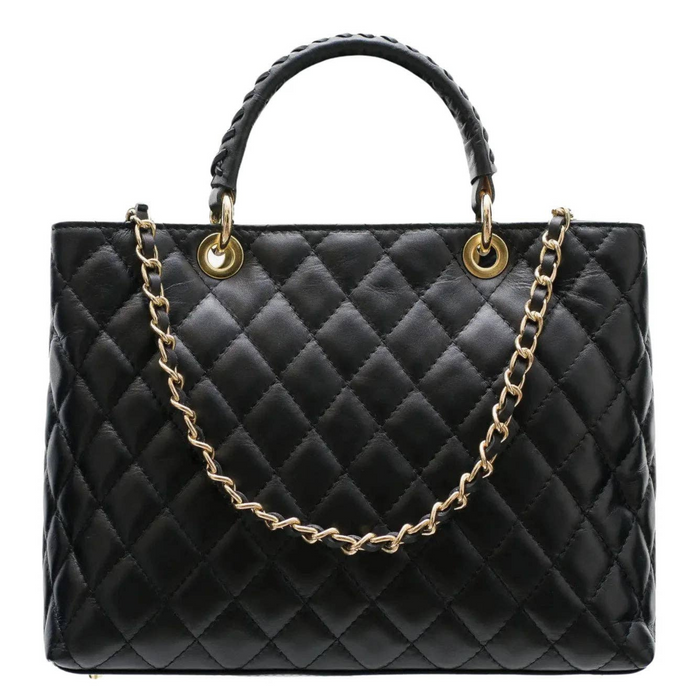 Quilted genuine leather tote bag with sturdy straps, stylish and spacious handbag accessory by Private Label.