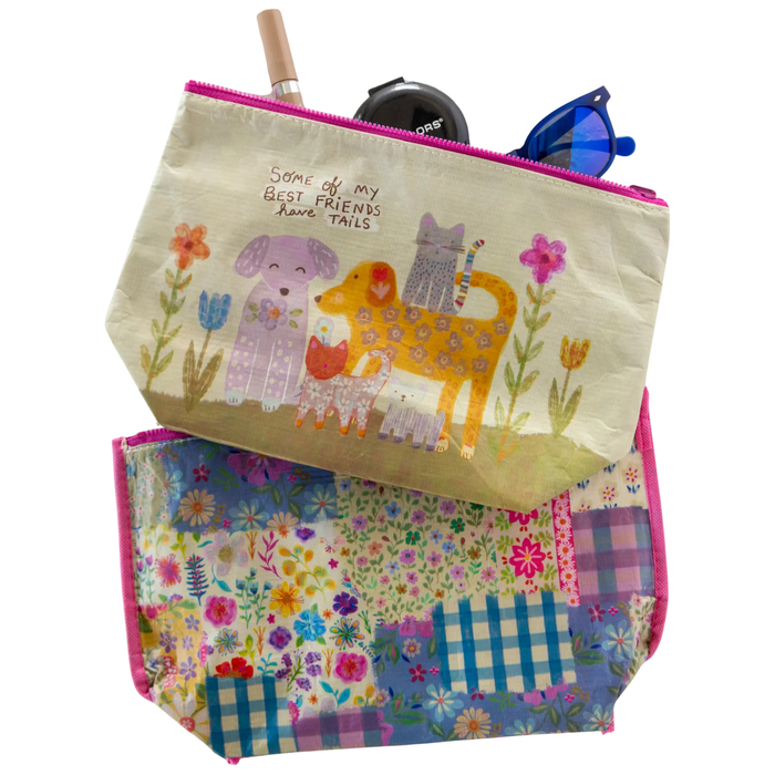 Natural Life recycled reversible zipper pouch featuring a colorful Cuban-inspired design.