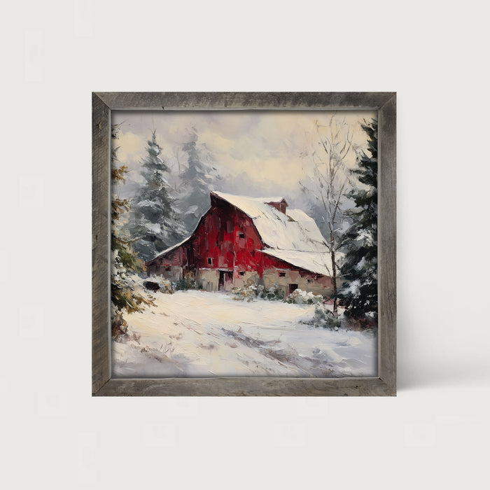 Red Country Barn in Winter - Framed Art
