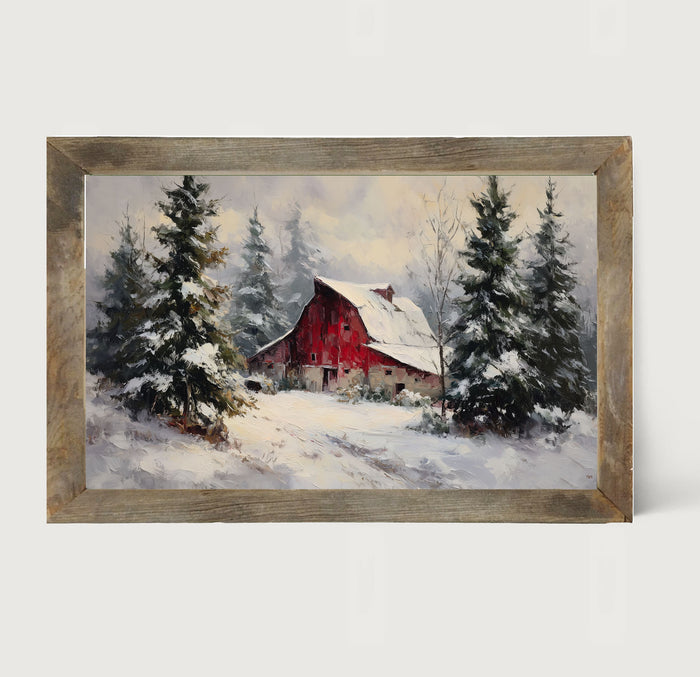 Red Country Barn in Winter - Framed Art