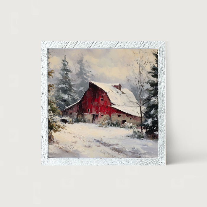 Red Country Barn in Winter - Framed Art
