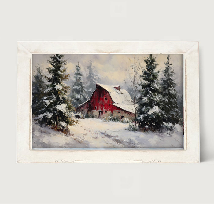 Red Country Barn in Winter - Framed Art