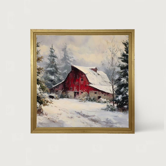 Red Country Barn in Winter - Framed Art