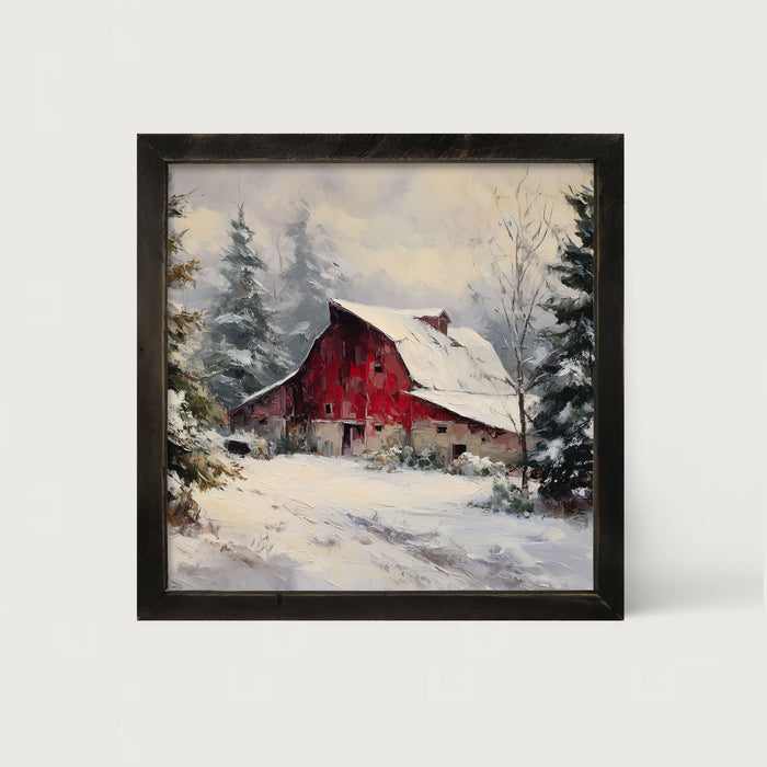 Red Country Barn in Winter - Framed Art