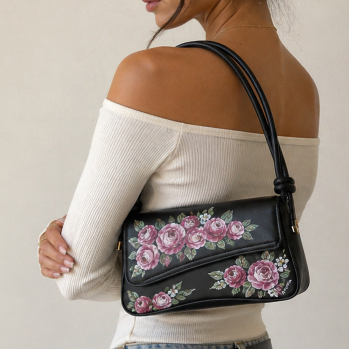 Gianna Valente x Lets Bag It Rosalie Garden Bag with floral pattern and leather handles, stylish and spacious for everyday use.