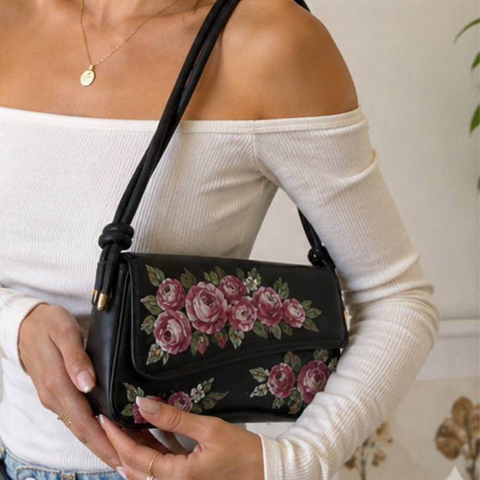 Gianna Valente x Lets Bag It Rosalie Garden Bag, stylish floral tote bag with leather handles and spacious interior.