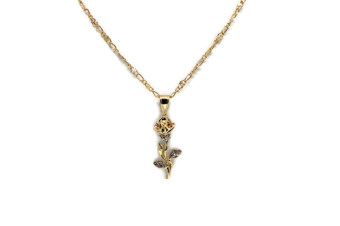 Rose w/ White Rhinestones Pendant with Necklace (24K Gold Filled)